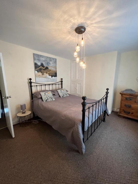 绍尔Park cottage High Crompton的一间卧室配有一张床和一个吊灯