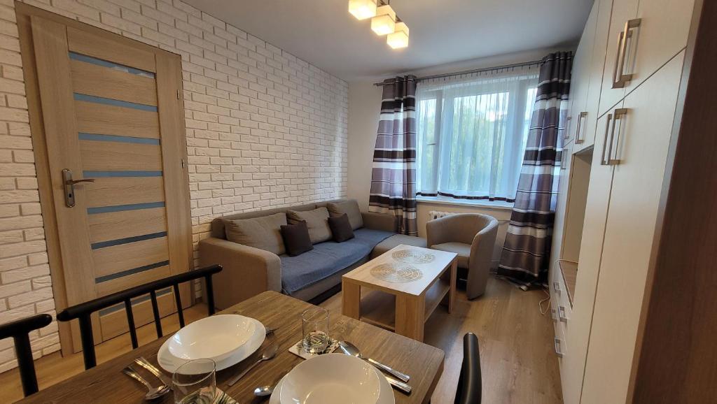 克罗斯诺Apartament Alek Krosno的带沙发和桌子的小客厅
