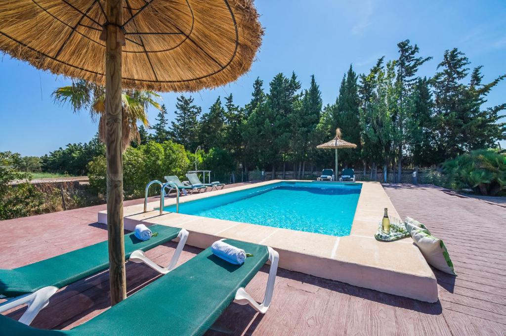 埃尔波特Ideal Property Mallorca - Rotes的一个带两把椅子和遮阳伞的游泳池