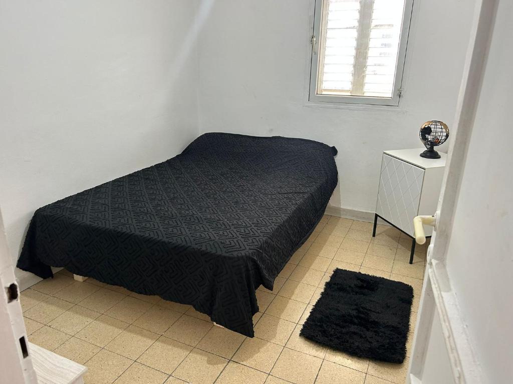 佩塔提克瓦LUXURY privet room near Tel Aviv的一间卧室设有一张黑色的床和一个窗户。