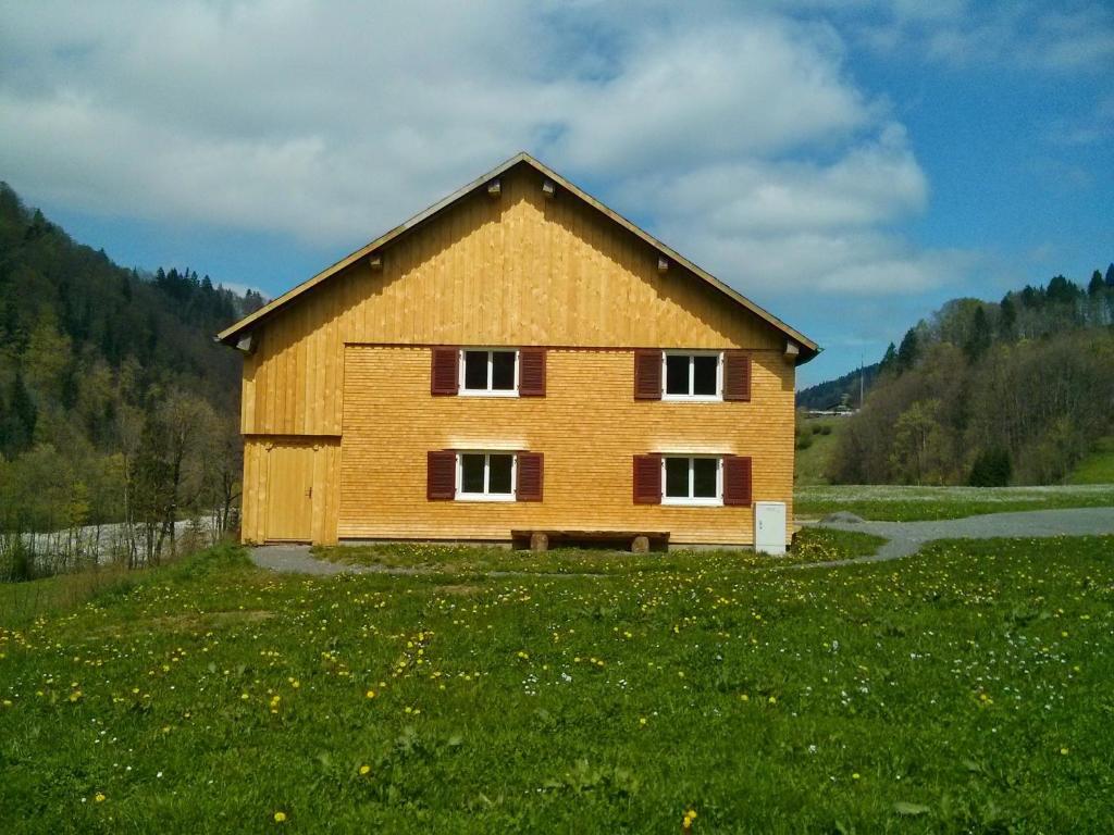安德尔斯布赫Löchle. Ferienhütte im Bregenzerwald, Andelsbuch的草场上的一座大型木屋