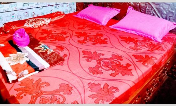 Krong KrachehTonle Mekong Homestay的一张带红色和粉红色床单和枕头的床