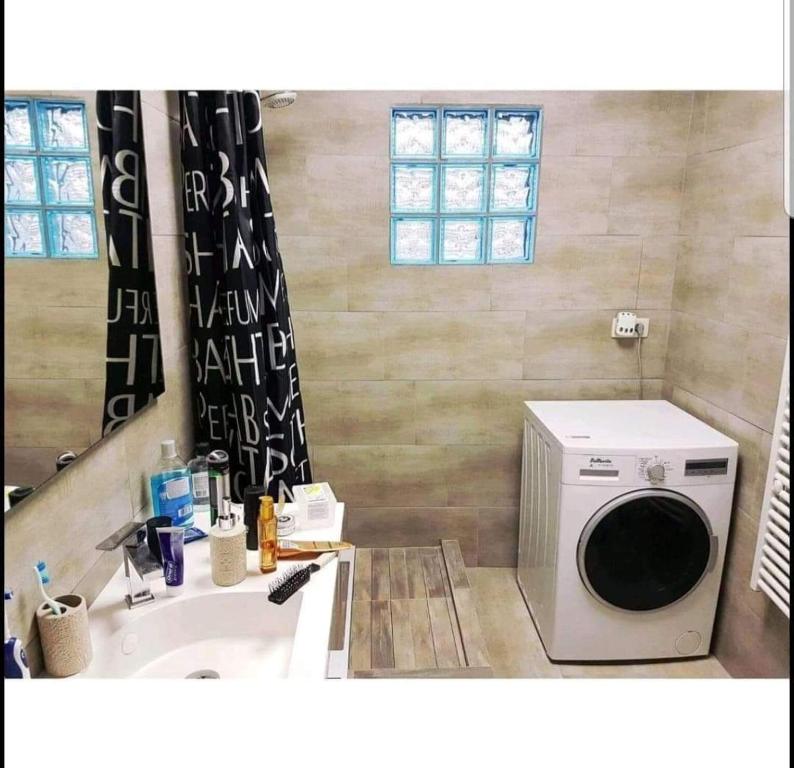 瑟兰chouette appartement 2 chambres的一间带盥洗盆的浴室内的洗衣机
