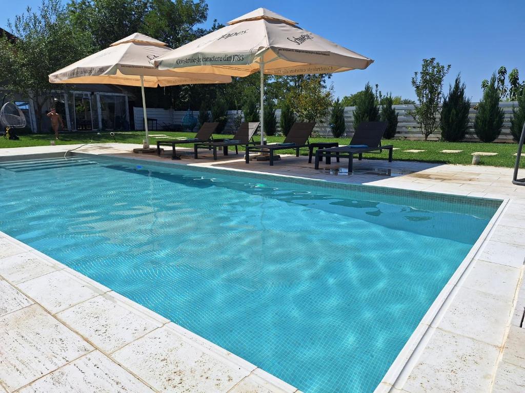 Popeşti-LeordeniCosy 3 bedroom house with pool的一个带两把遮阳伞和两把椅子的游泳池