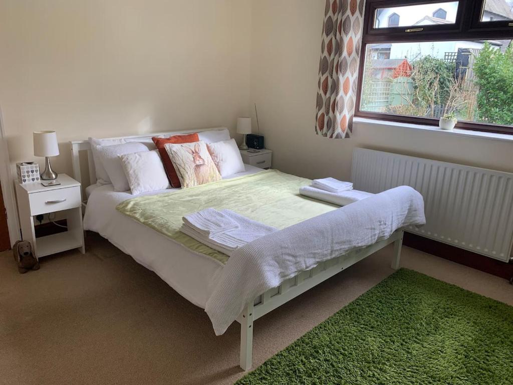 南米尔福德Self Contained Guest Suite的一间卧室配有一张带绿色地毯的床和窗户