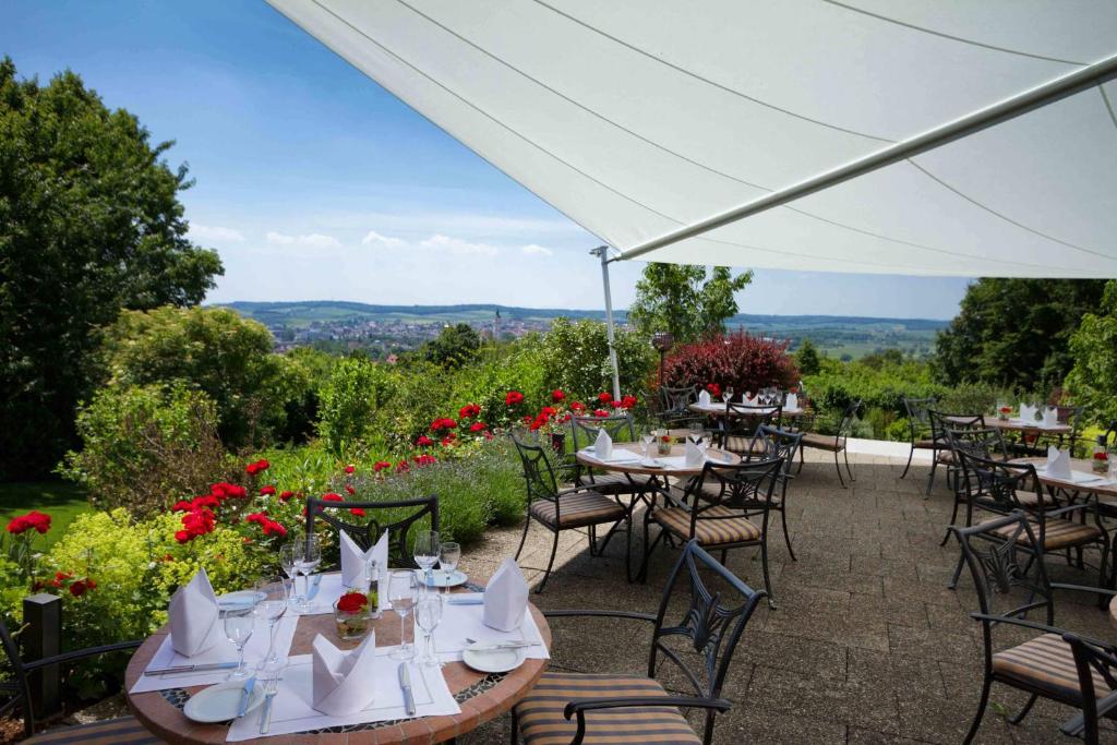 多瑙沃特多瑙沃特公园酒店的享有美景的带桌椅的庭院。