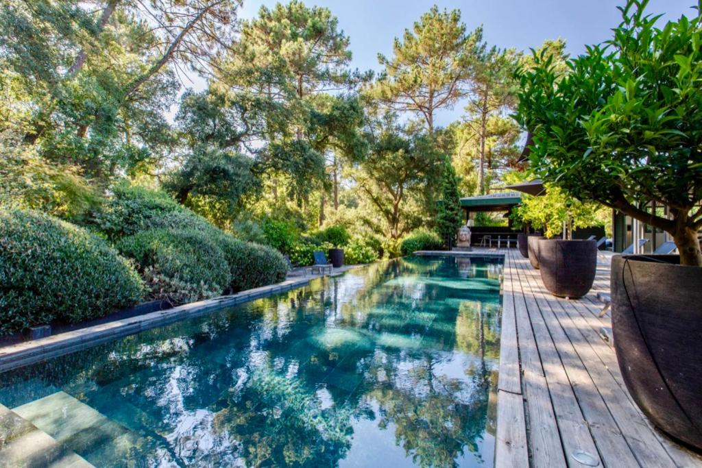塞尼奥斯Villa AmanJango的花园内的游泳池,设有木甲板