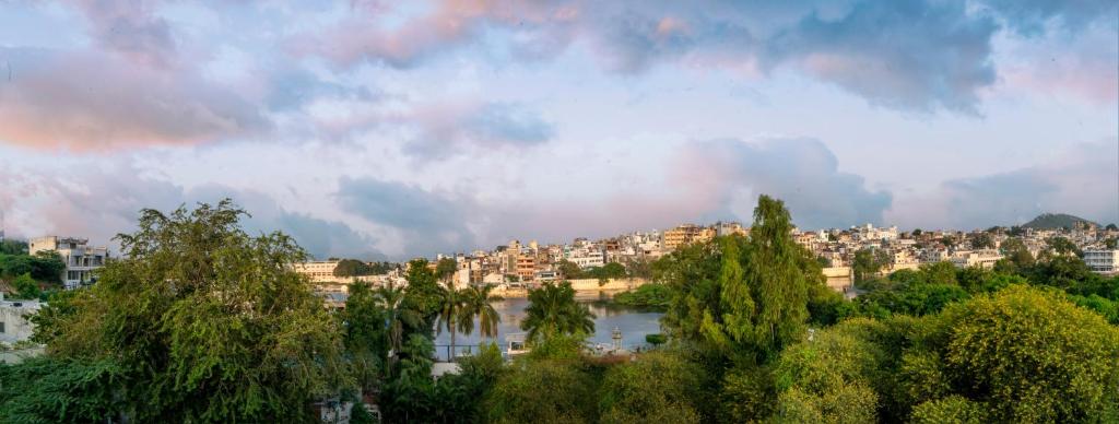 乌代浦Soham Haveli Udaipur的享有河流和建筑的城市美景