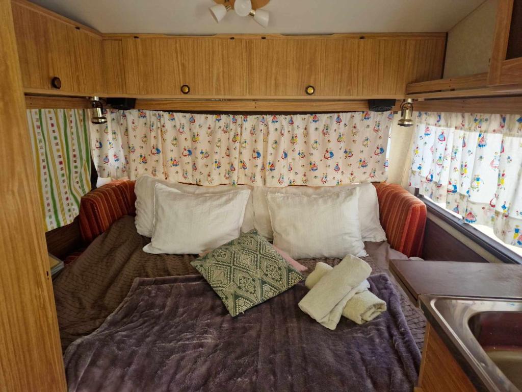 吕勒奥Cozy Caravan With House Access!的一张位于大篷车后面的床铺,配有枕头