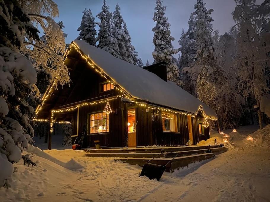 基蒂莱Jänkkärinne Cozy cabin Levi, Lapland的雪中带圣诞灯的小木屋