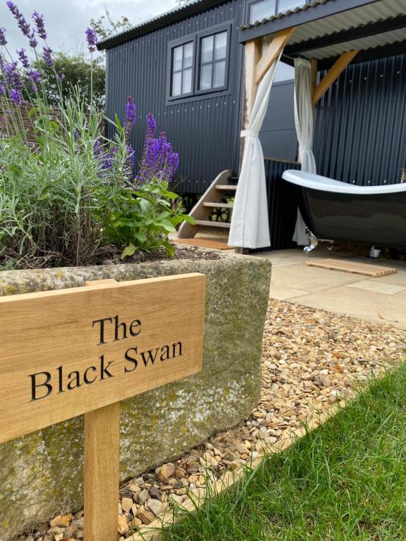 KettonThe Black Swan Shepherd Hut的花园中读黑天鹅的标志