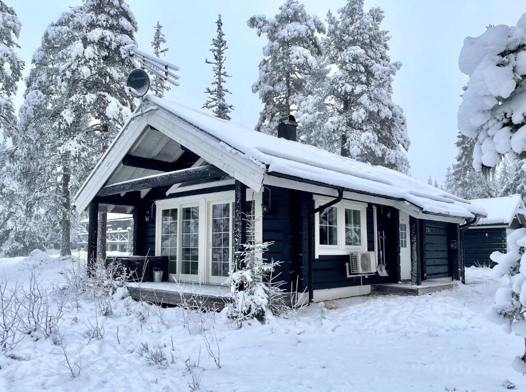 萨伦Mysig timmerstuga med utsikt över Tandådalens anläggningar的屋顶上积雪的蓝色小房子