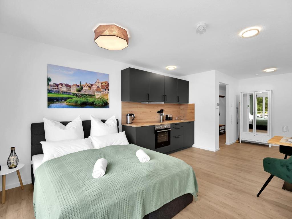 施韦比施哈尔INhome Studio Apartment - Küche - Parken - TV的一间带大床的卧室和一间厨房