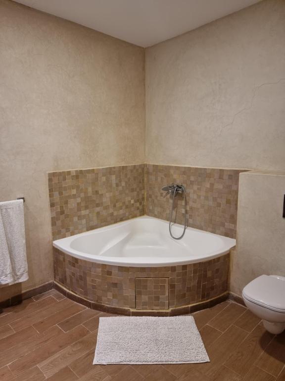拉拉塔可库斯特Les terrasses du Lac Marrakech的带浴缸和卫生间的浴室。