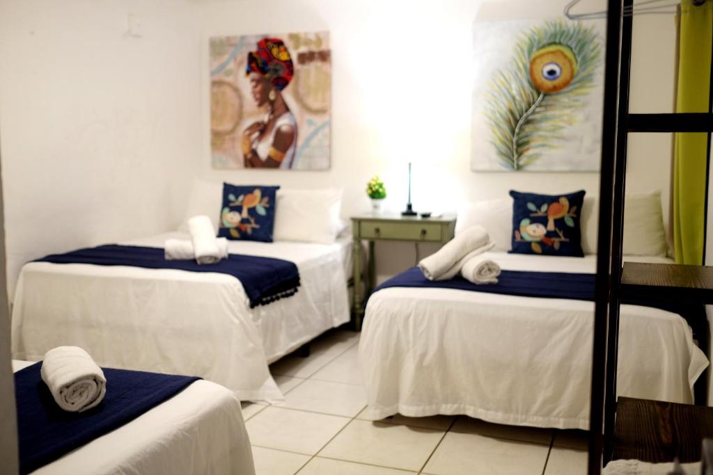 巴拿马城巴拿马之家住宿加早餐旅馆的一间设有两张蓝色和白色床单的房间