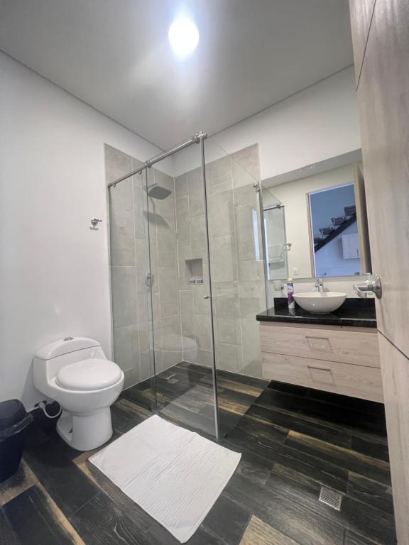 卡利Edificio Lotus Loft的带淋浴、卫生间和盥洗盆的浴室