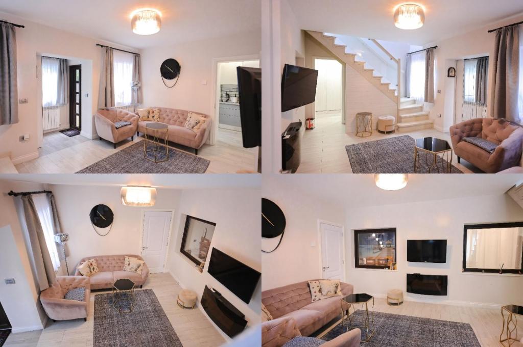苏恰瓦ASE Premium House的一张沙发和电视的客厅的四张照片