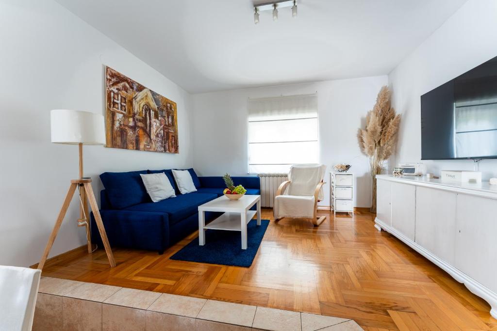 别洛瓦尔Apartment Borik的客厅配有蓝色的沙发和桌子