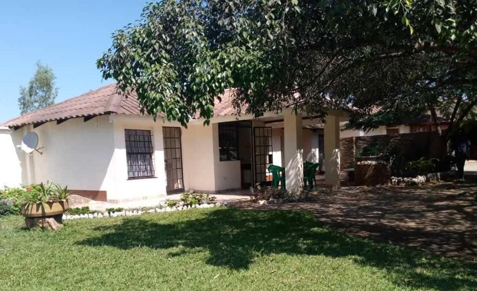 NyambadweSonke Ball House(Nyumba Yangati Mpira)的院子里有树的白色房子