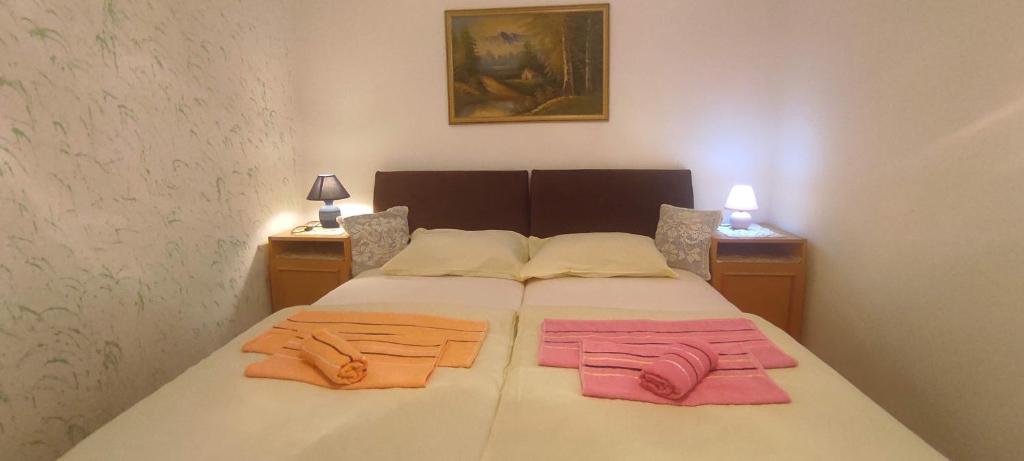 萨拉热窝Apartman Safir的一间卧室配有一张床,上面有两条毛巾