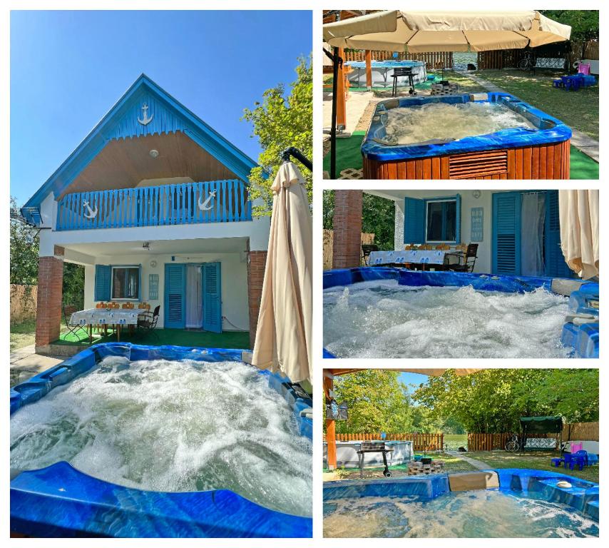 贝凯什圣安德拉什Villa Popeye Jakuzzis nyaralóház的一组四张房子和游泳池的照片