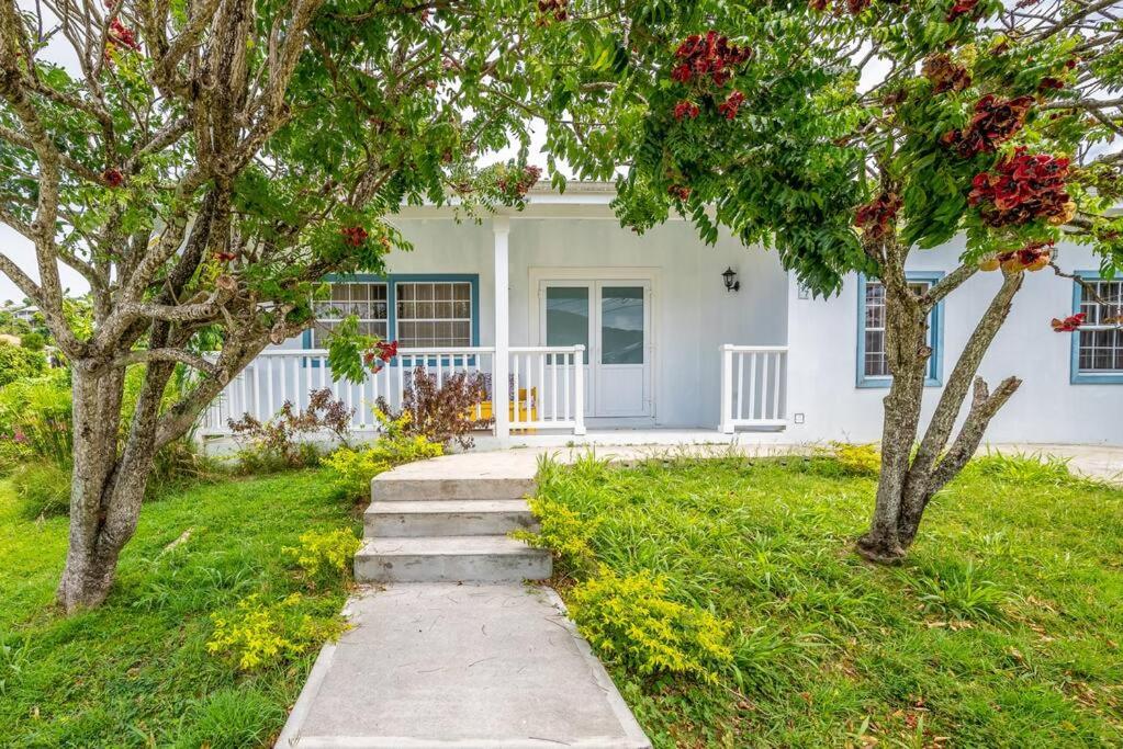 格罗斯岛Reduit Orchard - Beautiful Home near Reduit Beach的草丛中树木和楼梯的白色房子