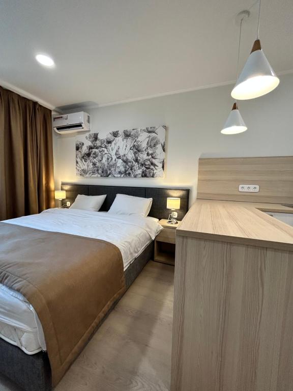 塔尔迪科尔Apart Astana的一间卧室配有一张大床和一张书桌