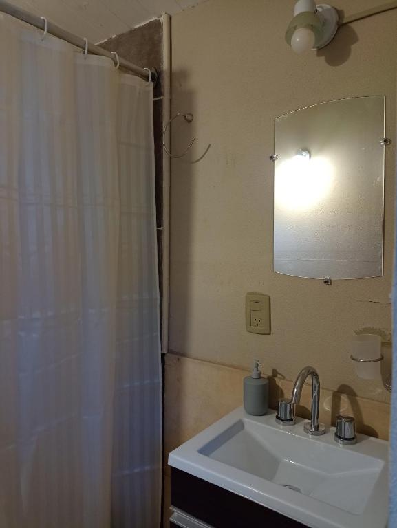 圣卡洛斯-德巴里洛切Tiny house Bariloche的浴室配有盥洗盆和带镜子的淋浴