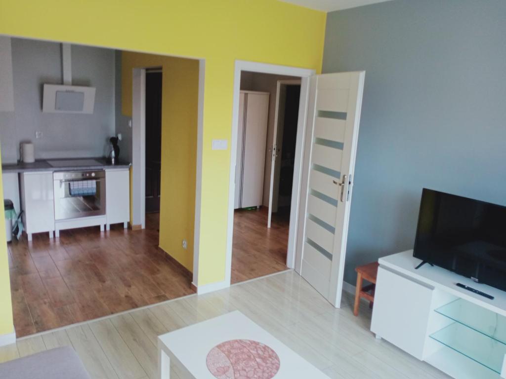 苏瓦乌基Apartament4U - Olimpijskie Ogrody的带电视的客厅和厨房