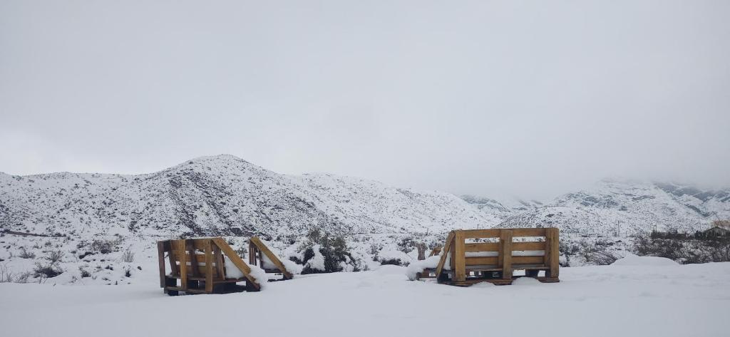 波特雷里约斯Esencia Cabaña的两个长椅,坐在雪地里,背景是群山