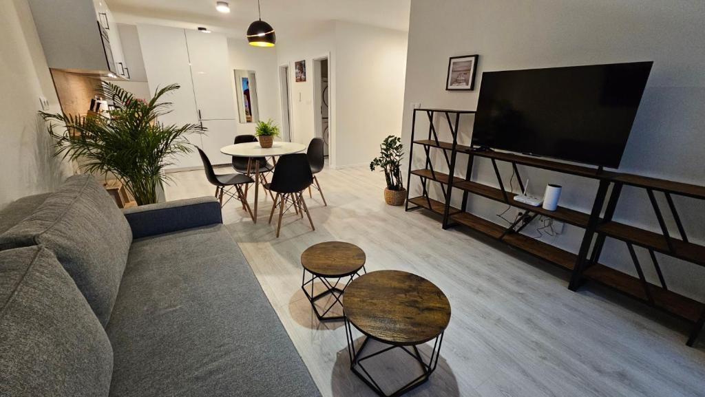 布拉迪斯拉发2 room Apartment with terrace, new building, 3BK的客厅配有沙发、桌子和电视