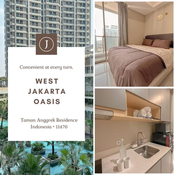 雅加达Studio, West Jakarta Oasis, Netflix, Pool, Mall的卧室和浴室照片的拼合