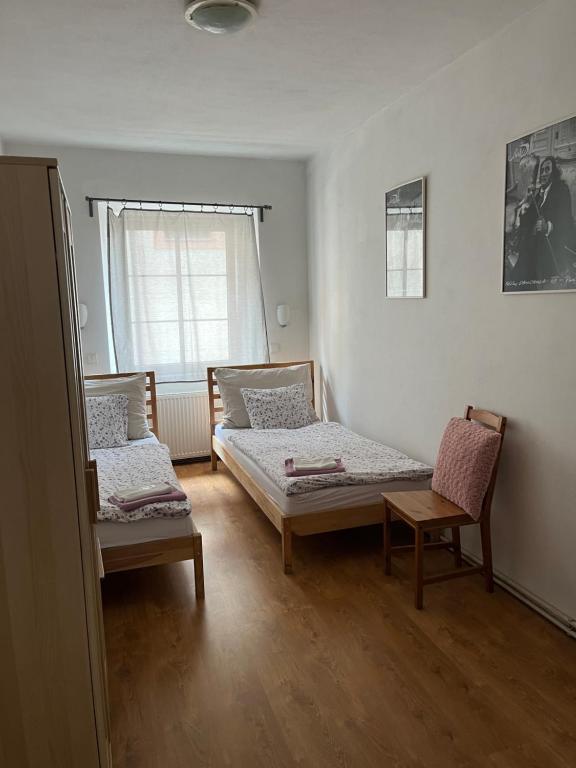 德辛Apartment Zámecká的一间设有两张床和椅子的房间