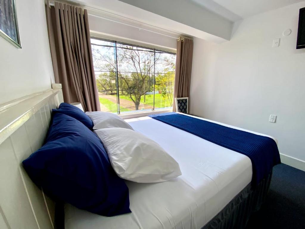 恩卡纳西翁Hotel Renty Beach的一张带蓝色和白色枕头的床和窗户