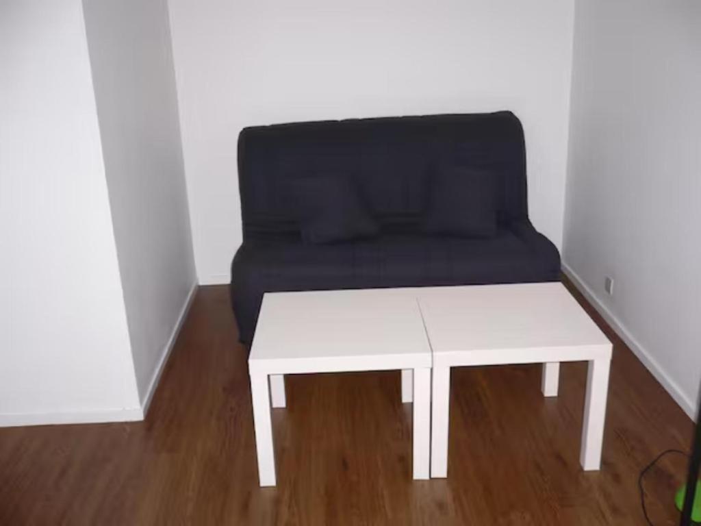 鲁昂Bel appartement meublé et aménagé的一张黑色的沙发和一张白色的桌子