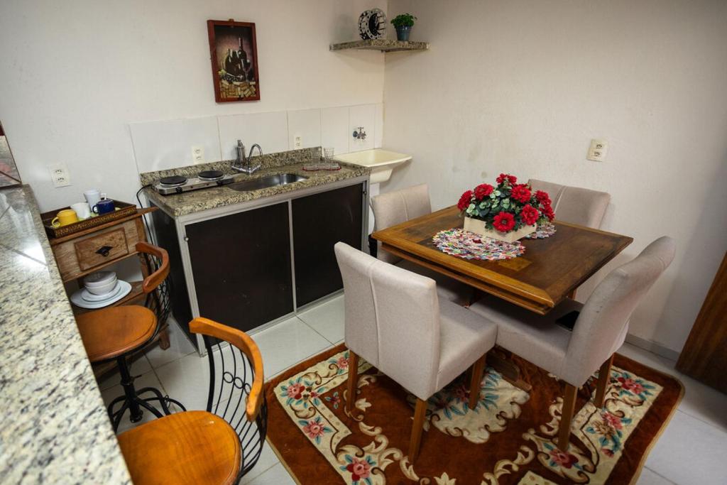圣特雷莎Loft c localizacao perfeita e WiFi-Santa Teresa ES的厨房配有桌椅和水槽。