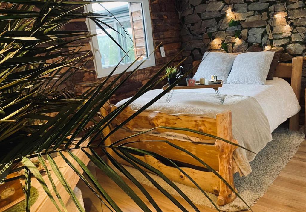 梅塔比耶Un havre de quiétude au cœur des Montagnes的一间卧室设有一张床和石墙