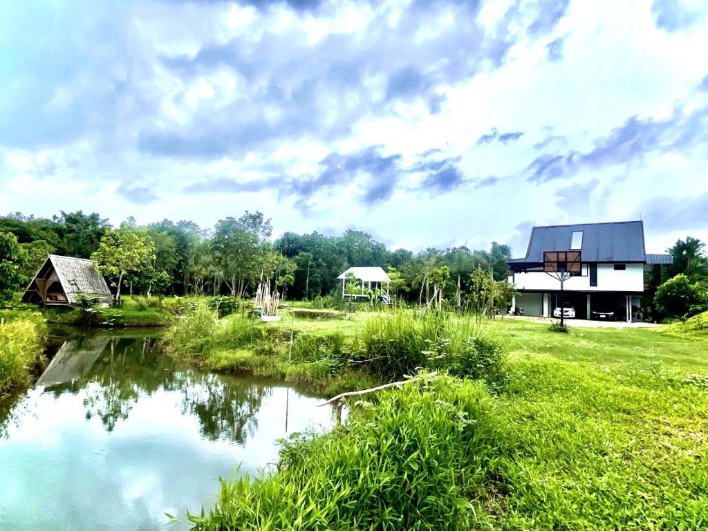 蔻立Quiet LakeHouse Appartement on Memory Beach road的田野里河边的房子