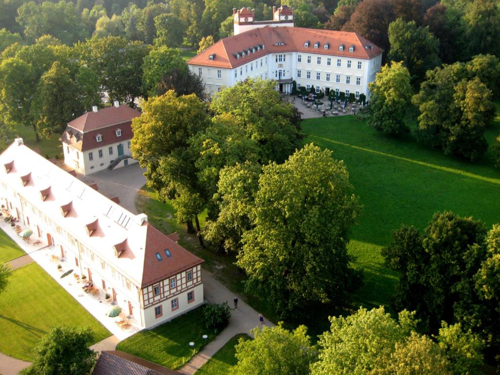 吕本瑙Schloss Lübbenau的享有树木繁茂的白色建筑的空中景致