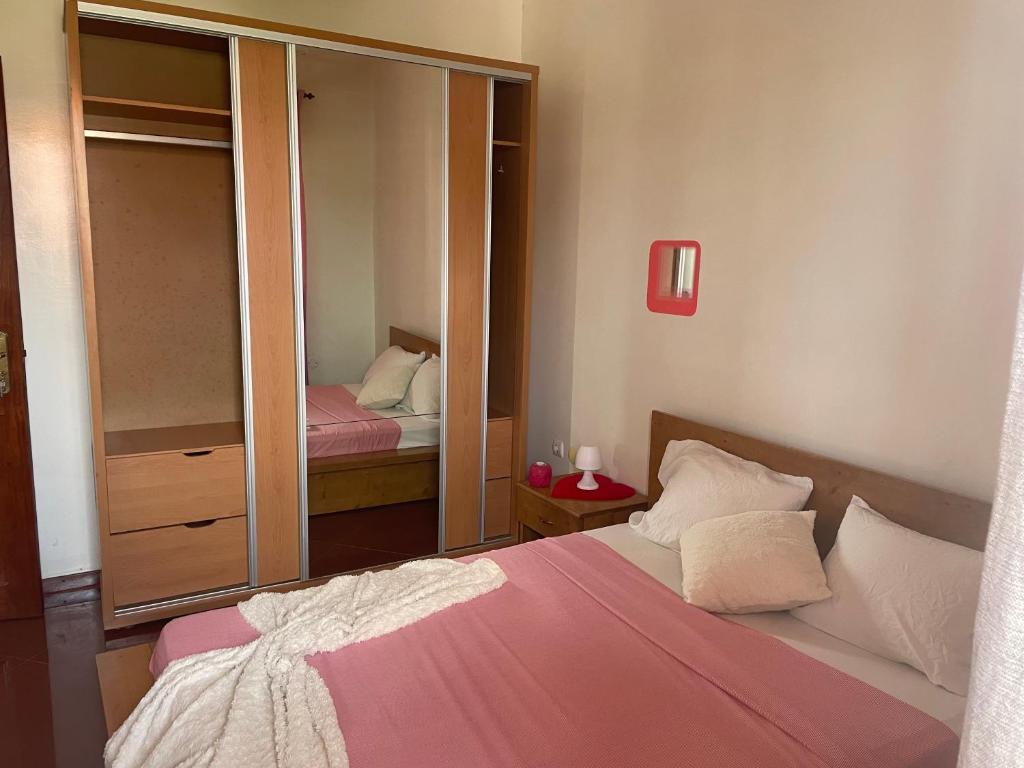 塔拉法尔Tarrafal House的一间卧室配有一张床和一面大镜子