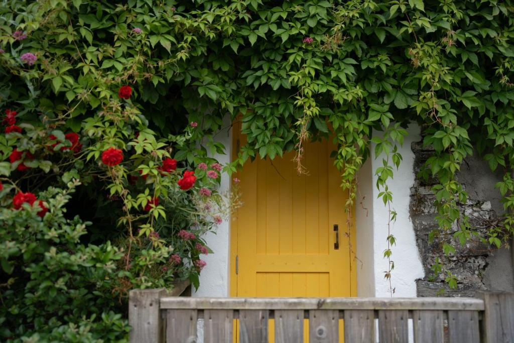 韦斯特波特The Roost的鲜花房子上的黄色门
