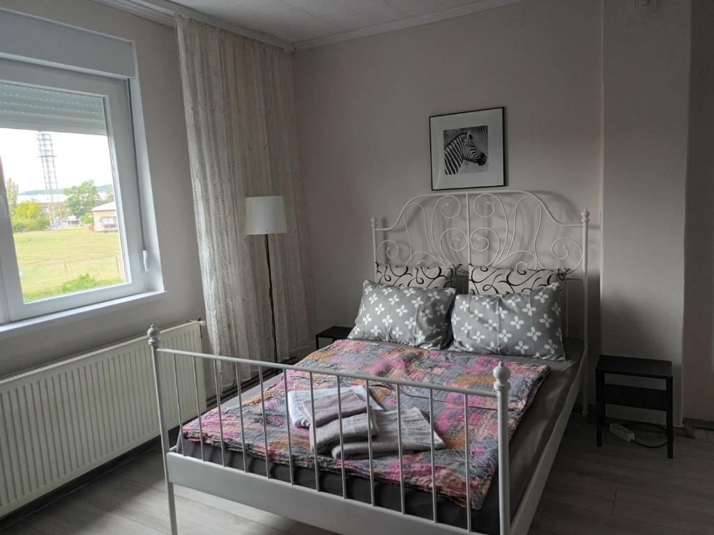 扎耶查尔Kuća Jovanka的一间卧室配有带枕头的金属床和窗户。