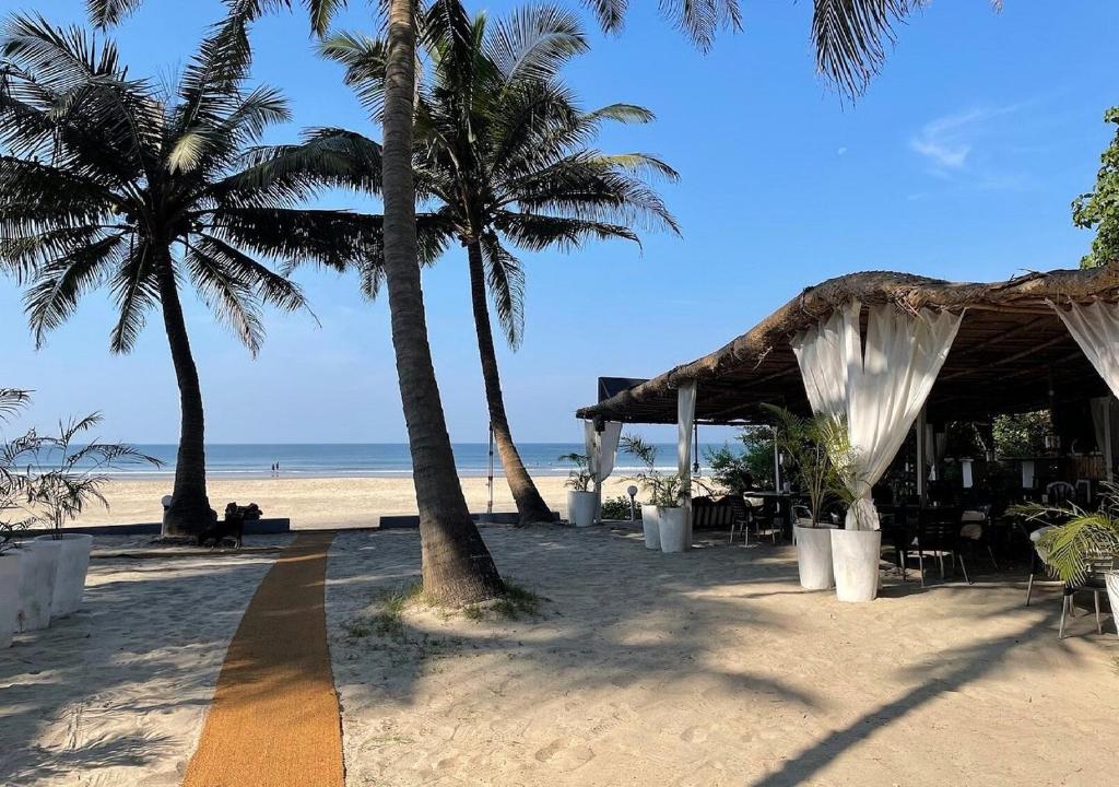 曼德姆Mamagoa Beach Resort的棕榈树海滩和一个带大棚的海滩
