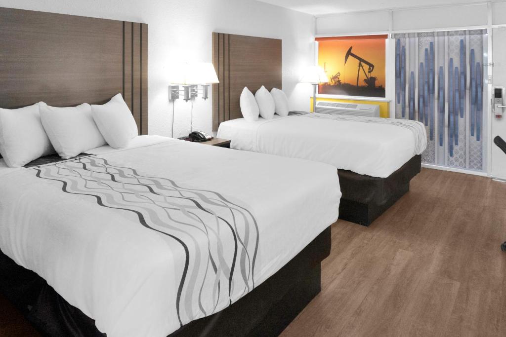 卡尔斯巴德Econo Lodge的配有白色床单的酒店客房内的两张床