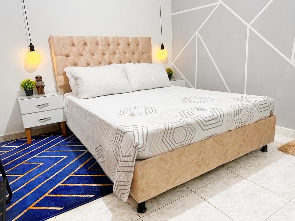 伊瓦格Habitación VIP的一间卧室配有一张床和蓝色地毯