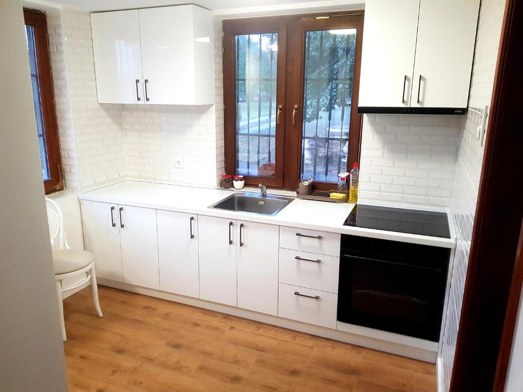 鲁马Vikendica Borkovac的厨房配有白色橱柜和水槽