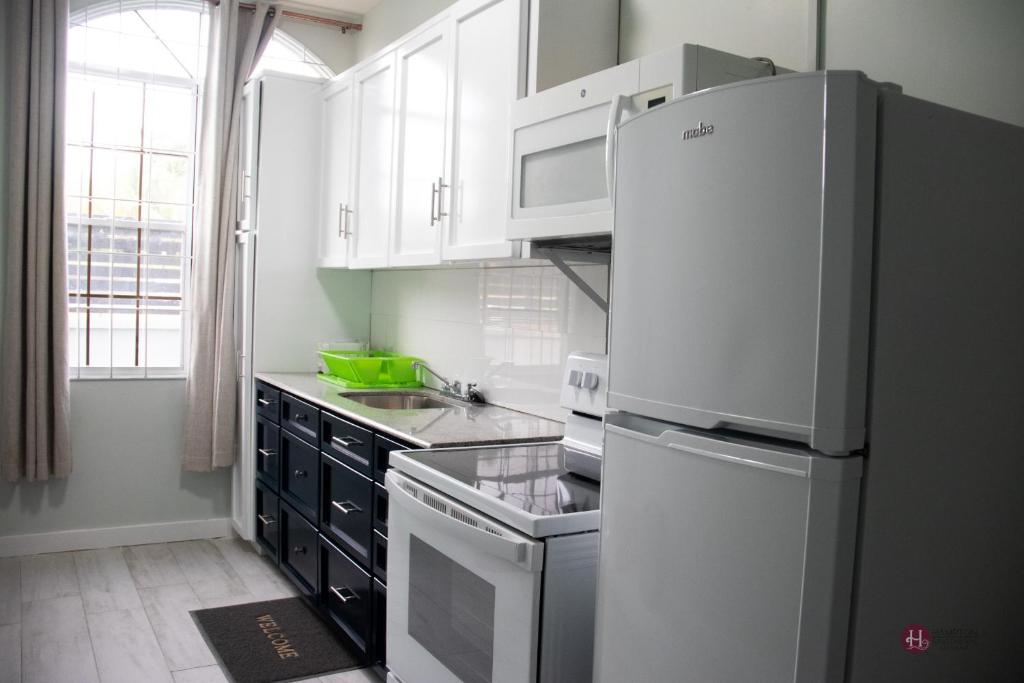 乔治敦Hampton Apartments Guyana的厨房配有白色橱柜和冰箱。