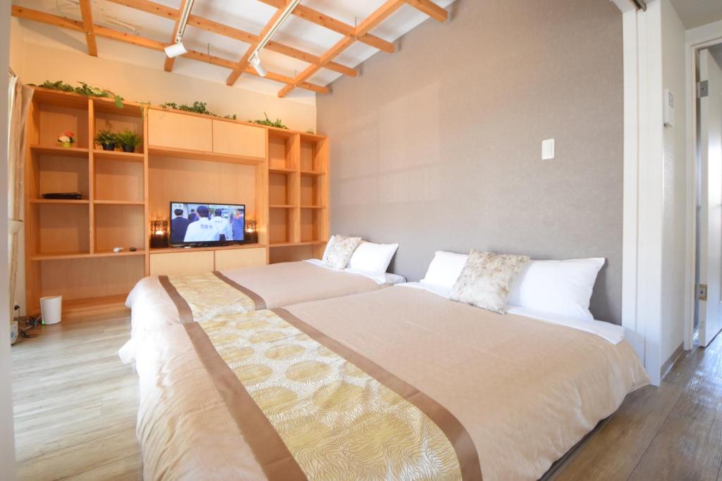 奈良Comfy Stay TDS的一间带两张床的卧室和一台电视