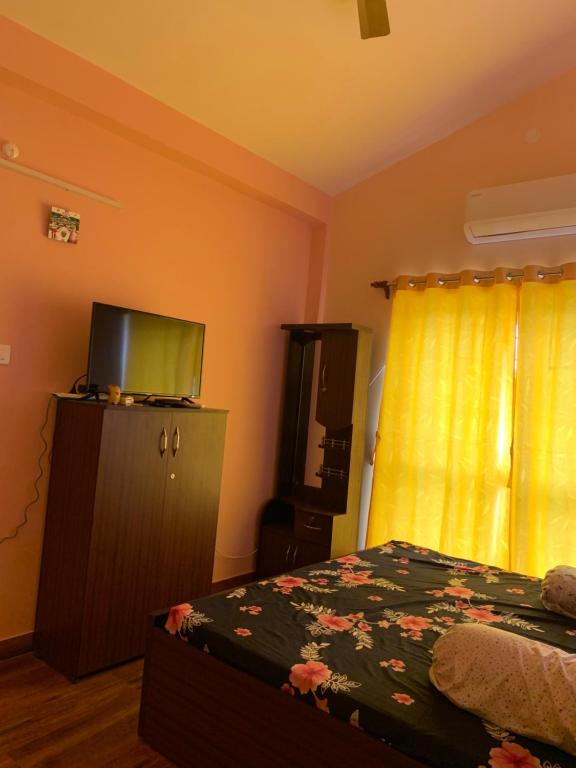 桑蒂尼盖登Bolpur Shantiniketan Bungalow on Kopai River的一间卧室配有一张床和一台平面电视