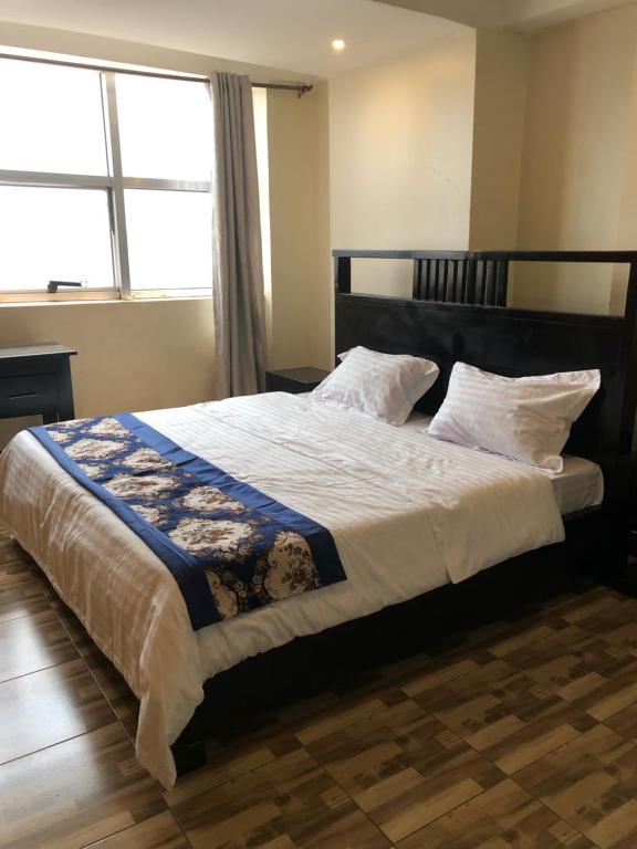 坎帕拉Royal Hotel Apartments的一间卧室设有一张大床和大窗户